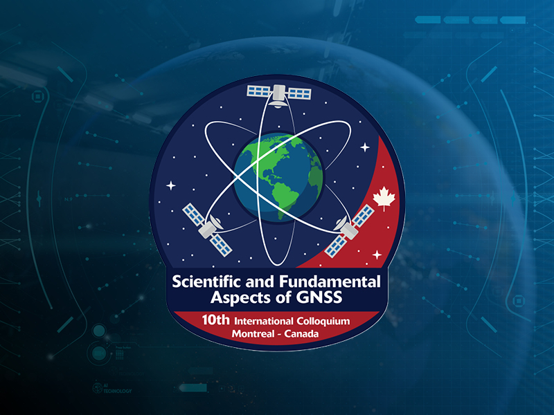 Logo for the 10th International Colloquium on Scientific and Fundamental Aspects of GNSS, featuring satellites orbiting Earth and a Canadian flag.