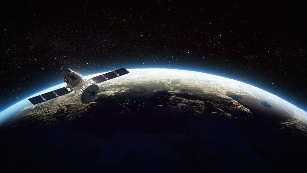 Photorealistic 3d illustration of a satellite orbiting the Earth.