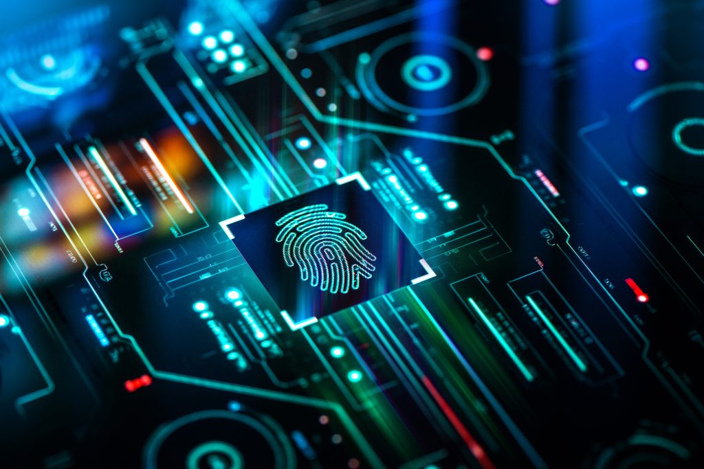 Fingerprint icon on a digital circuit board representing biometric security technology.