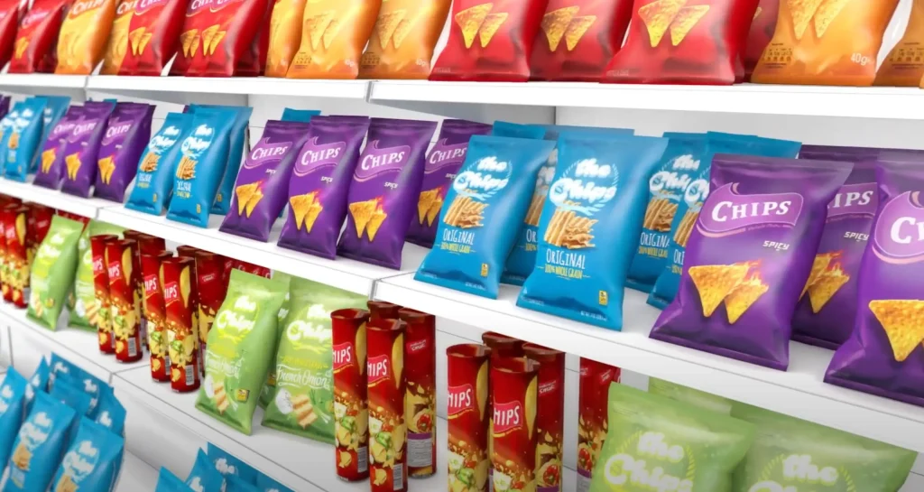 Various brands and flavors of potato chips neatly arranged on supermarket shelves.