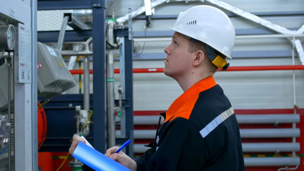 A worker wearing a white hard hat and safety jacket inspects equipment and takes notes on a clipboard in an industrial facility.